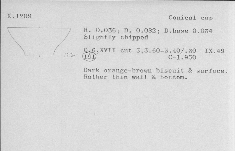 Index card with typed and handwritten information, sometimes including a sketch, of pottery from an excavation.