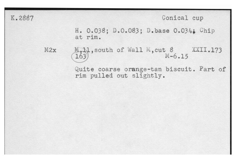 Index card with typed and handwritten information, sometimes including a sketch, of pottery from an excavation.