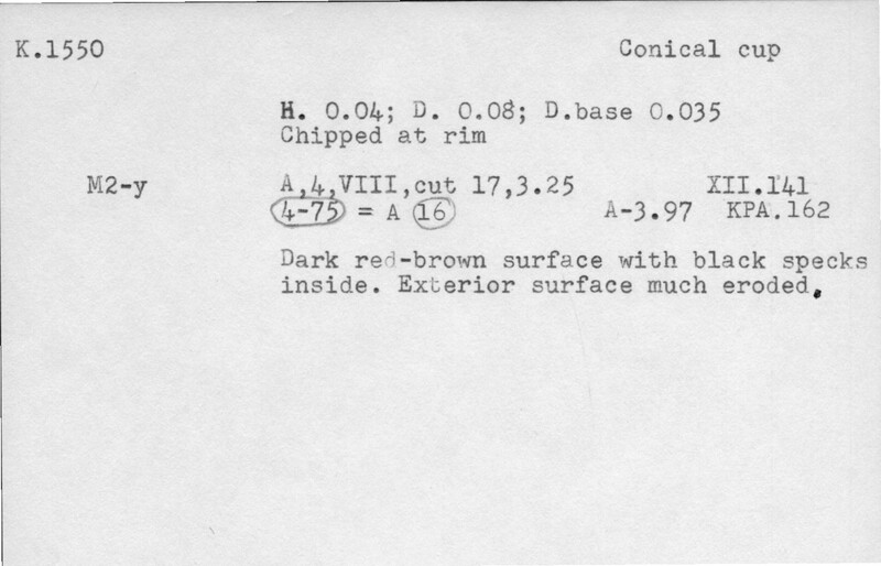 Index card with typed and handwritten information, sometimes including a sketch, of pottery from an excavation.