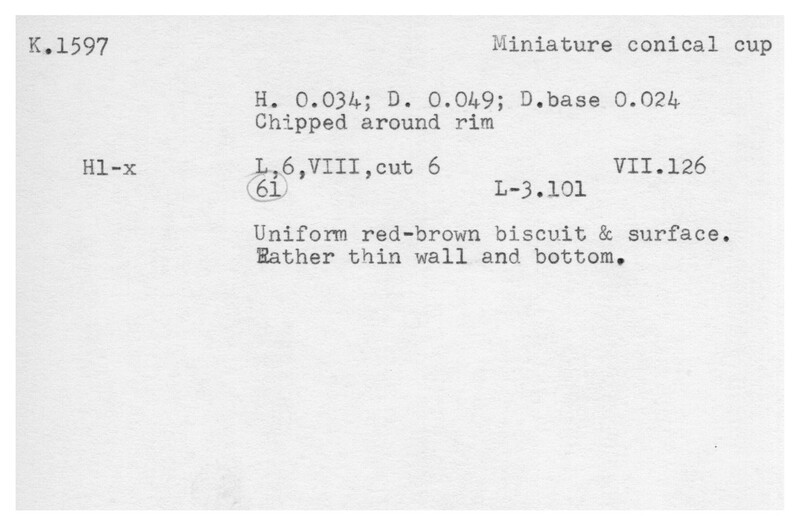 Index card with typed and handwritten information, sometimes including a sketch, of pottery from an excavation.