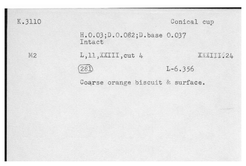 Index card with typed and handwritten information, sometimes including a sketch, of pottery from an excavation.