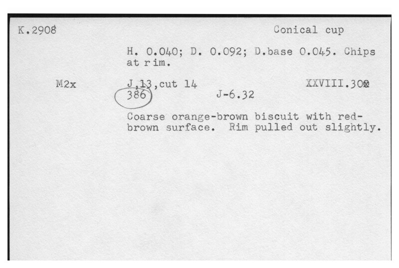 Index card with typed and handwritten information, sometimes including a sketch, of pottery from an excavation.