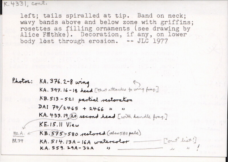 Index card with typed and handwritten information, sometimes including a sketch, of pottery from an excavation.