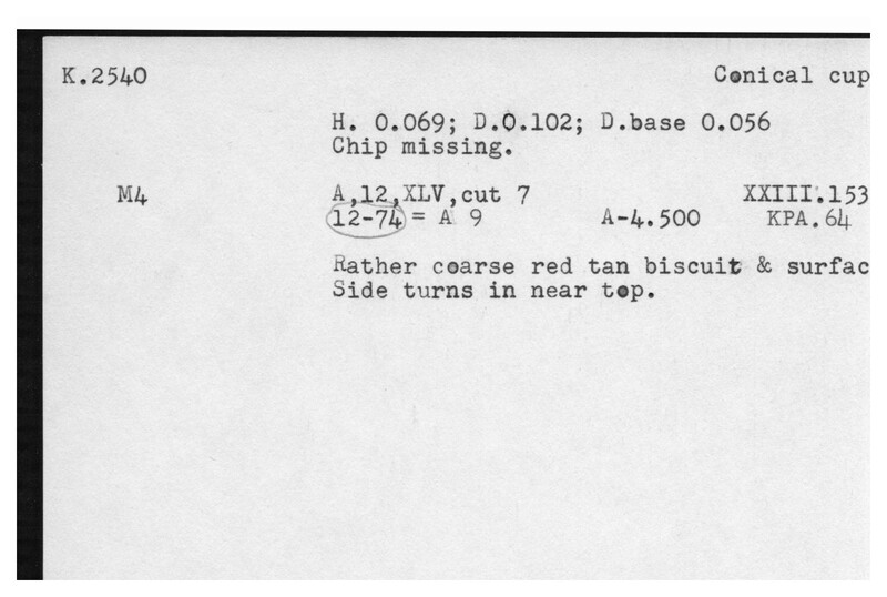 Index card with typed and handwritten information, sometimes including a sketch, of pottery from an excavation.