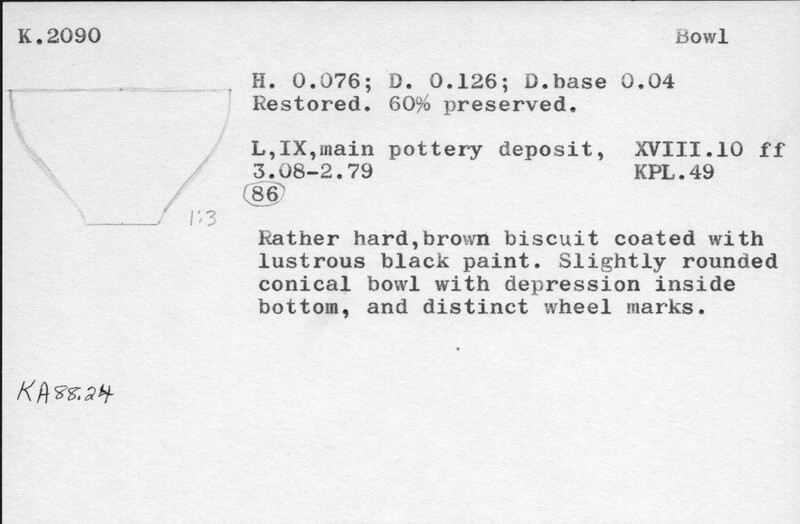 Index card with typed and handwritten information, sometimes including a sketch, of pottery from an excavation.