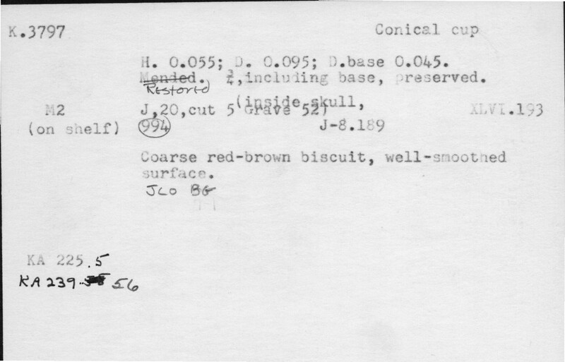 Index card with typed and handwritten information, sometimes including a sketch, of pottery from an excavation.