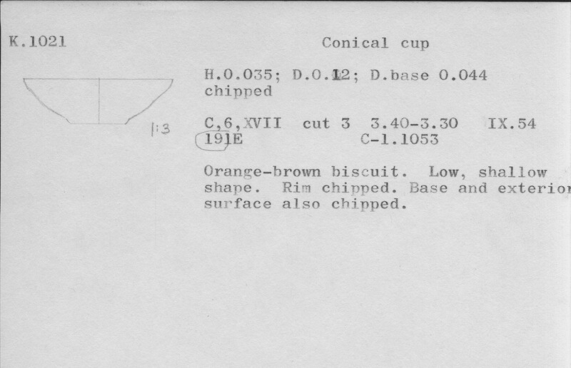 Index card with typed and handwritten information, sometimes including a sketch, of pottery from an excavation.