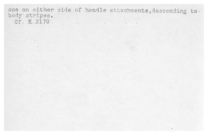 Index card with typed and handwritten information, sometimes including a sketch, of pottery from an excavation.