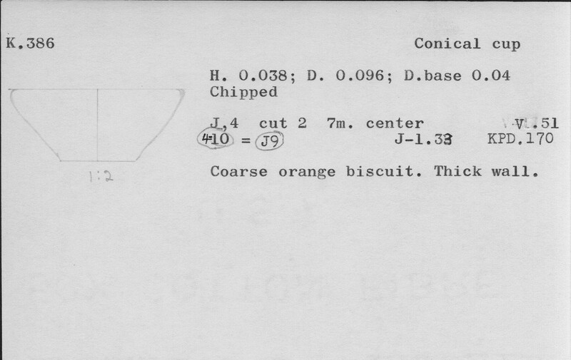 Index card with typed and handwritten information, sometimes including a sketch, of pottery from an excavation.