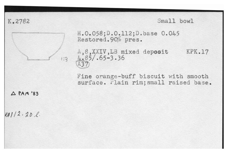 Index card with typed and handwritten information, sometimes including a sketch, of pottery from an excavation.