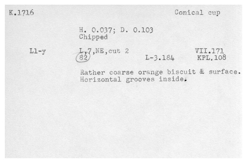 Index card with typed and handwritten information, sometimes including a sketch, of pottery from an excavation.