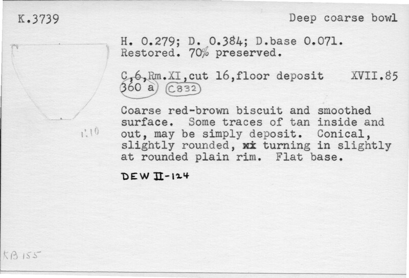 Index card with typed and handwritten information, sometimes including a sketch, of pottery from an excavation.