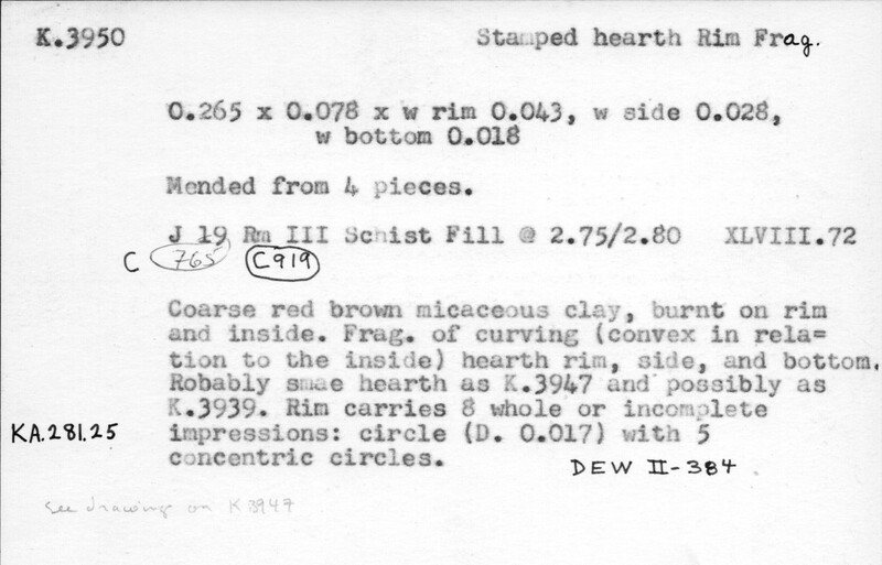 Index card with typed and handwritten information, sometimes including a sketch, of pottery from an excavation.