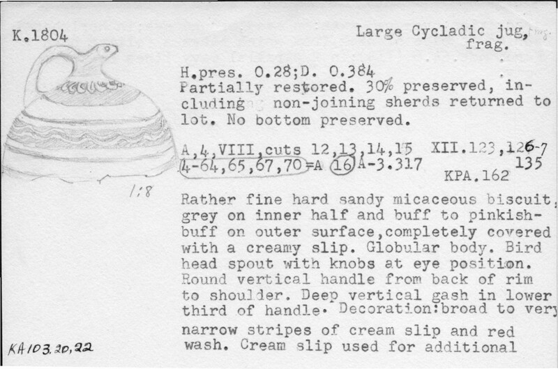Index card with typed and handwritten information, sometimes including a sketch, of pottery from an excavation.