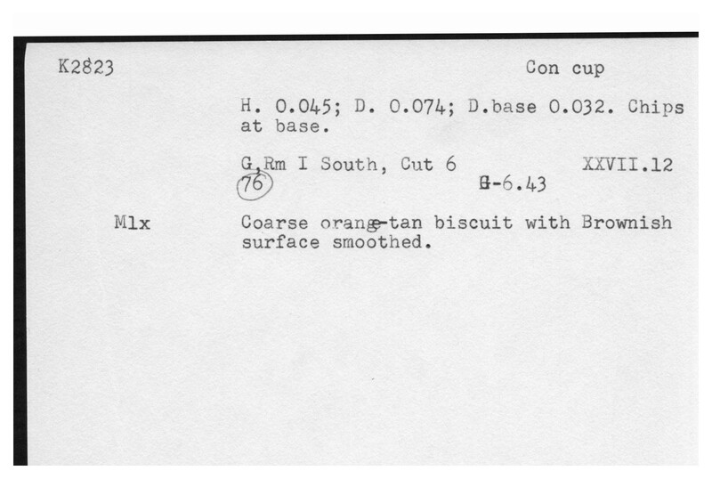 Index card with typed and handwritten information, sometimes including a sketch, of pottery from an excavation.