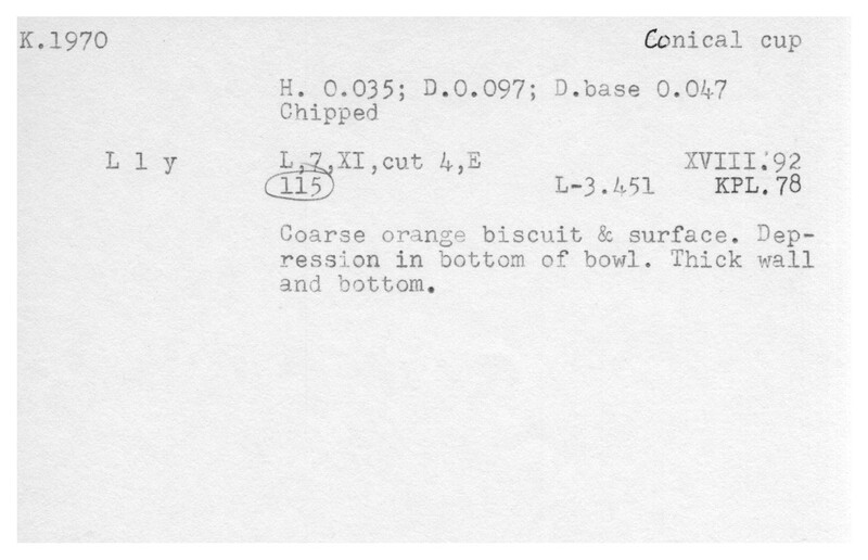 Index card with typed and handwritten information, sometimes including a sketch, of pottery from an excavation.