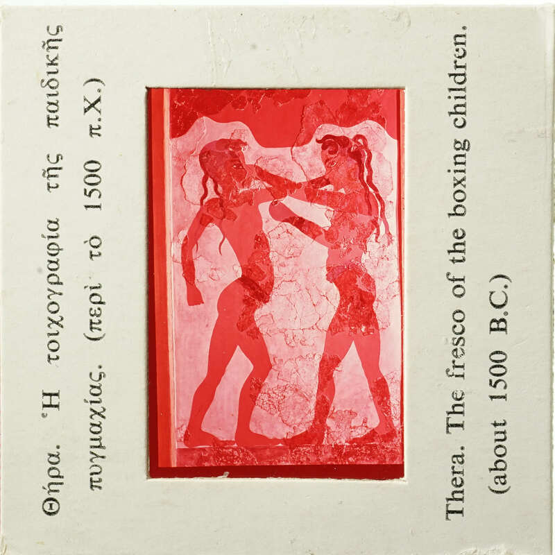 Ancient Greek fresco paintings depicting athletes, possibly boxers, with text providing historical context and dating them to around 500 BCE.