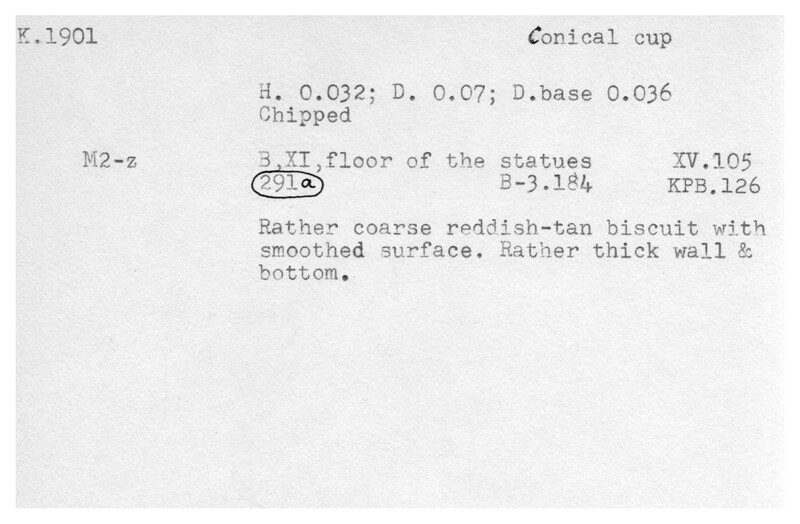 Index card with typed and handwritten information, sometimes including a sketch, of pottery from an excavation.