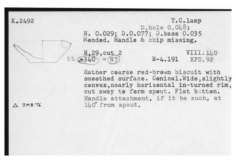 Index card with typed and handwritten information, sometimes including a sketch, of pottery from an excavation.