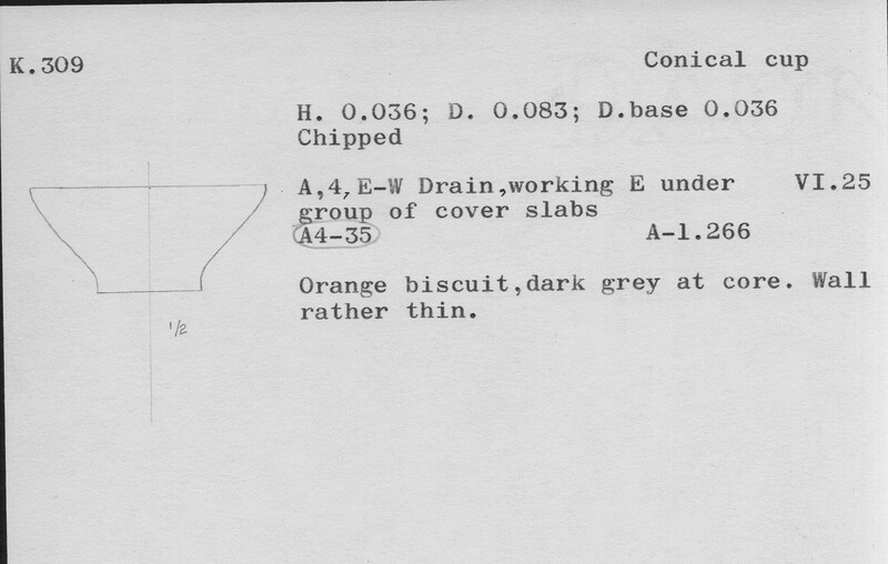 Index card with typed and handwritten information, sometimes including a sketch, of pottery from an excavation.