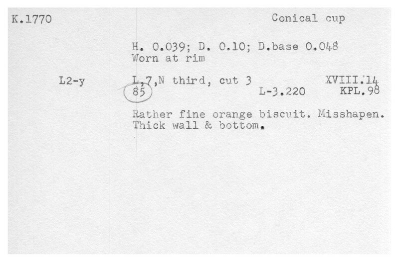 Index card with typed and handwritten information, sometimes including a sketch, of pottery from an excavation.