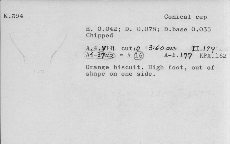 Index card with typed and handwritten information, sometimes including a sketch, of pottery from an excavation.