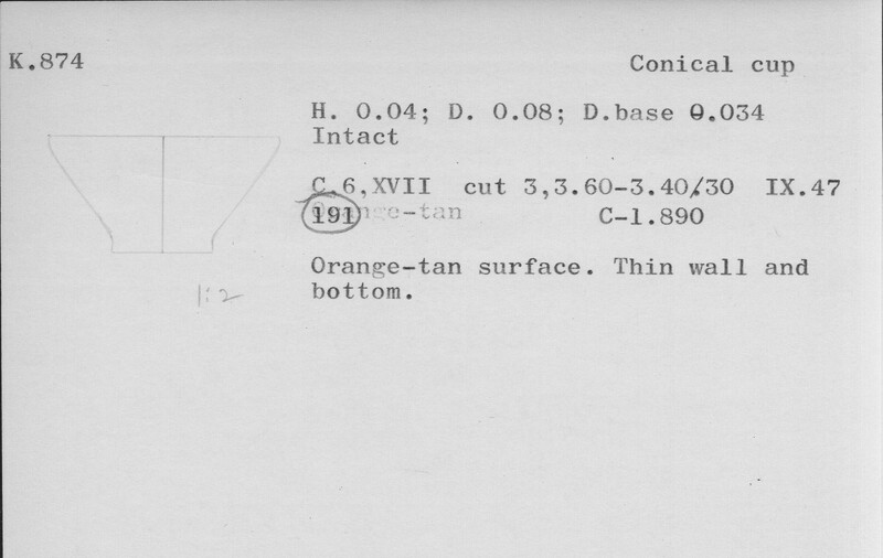 Index card with typed and handwritten information, sometimes including a sketch, of pottery from an excavation.