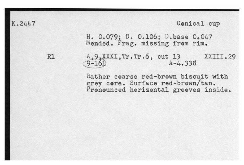 Index card with typed and handwritten information, sometimes including a sketch, of pottery from an excavation.