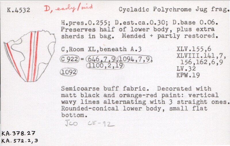 Index card with typed and handwritten information, sometimes including a sketch, of pottery from an excavation.