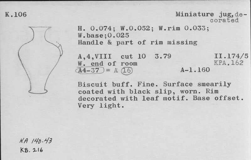 Index card with typed and handwritten information, sometimes including a sketch, of pottery from an excavation.