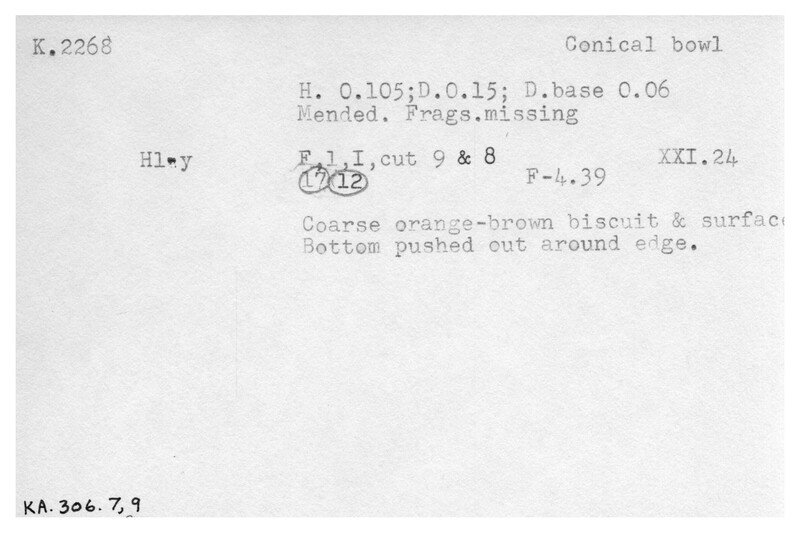 Index card with typed and handwritten information, sometimes including a sketch, of pottery from an excavation.