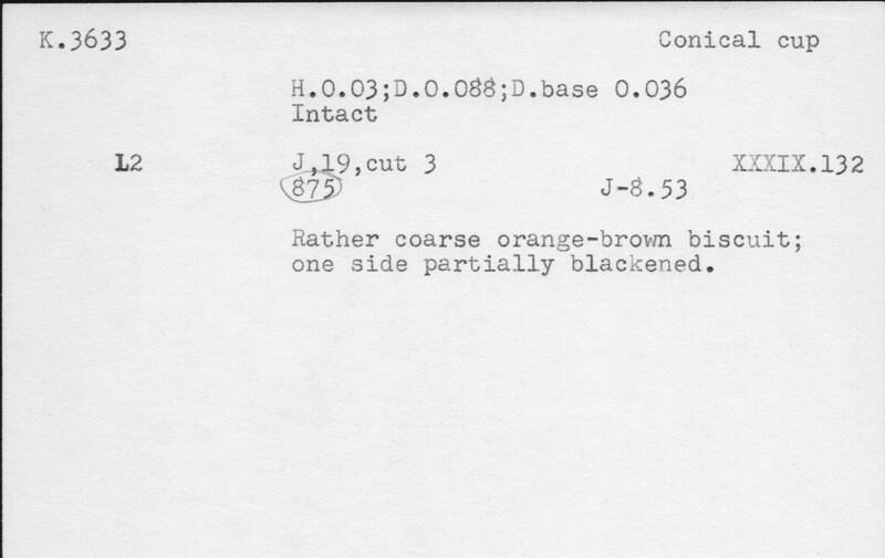 Index card with typed and handwritten information, sometimes including a sketch, of pottery from an excavation.