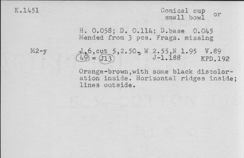 Index card with typed and handwritten information, sometimes including a sketch, of pottery from an excavation.