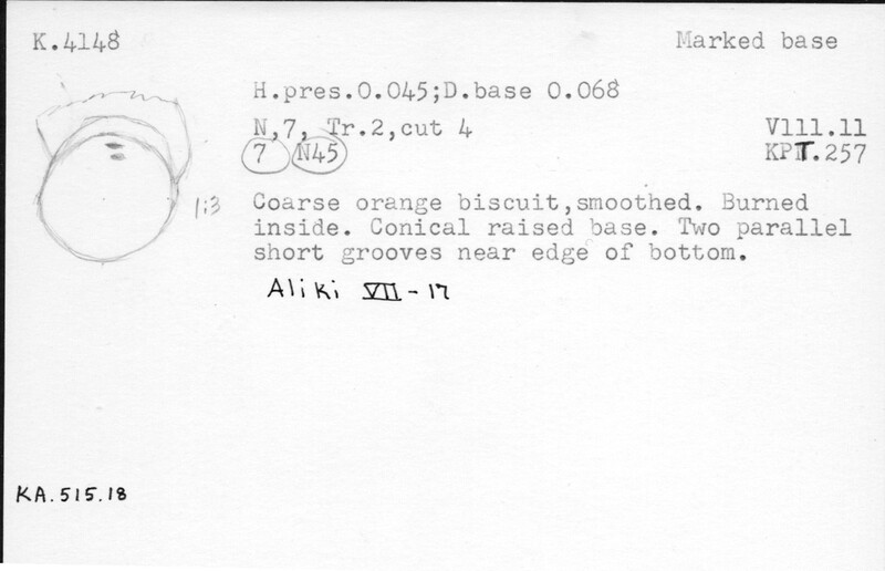 Index card with typed and handwritten information, sometimes including a sketch, of pottery from an excavation.