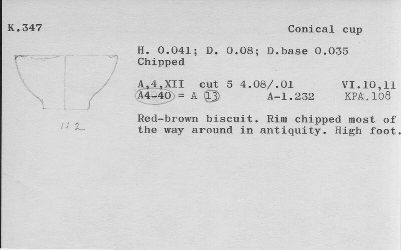 Index card with typed and handwritten information, sometimes including a sketch, of pottery from an excavation.