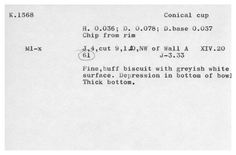 Index card with typed and handwritten information, sometimes including a sketch, of pottery from an excavation.