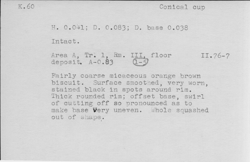 Index card with typed and handwritten information, sometimes including a sketch, of pottery from an excavation.