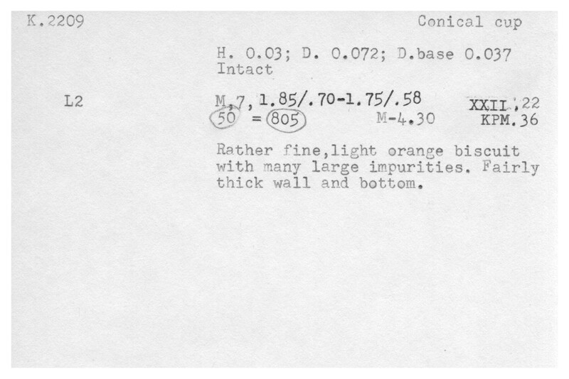 Index card with typed and handwritten information, sometimes including a sketch, of pottery from an excavation.