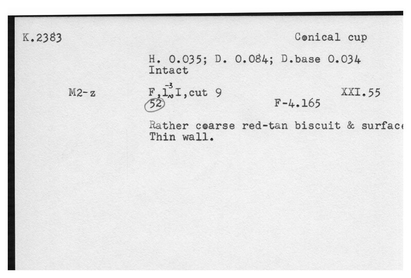 Index card with typed and handwritten information, sometimes including a sketch, of pottery from an excavation.