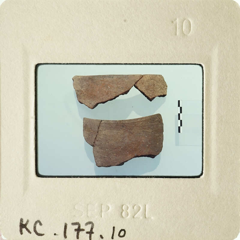 A small, broken piece of pottery on display.