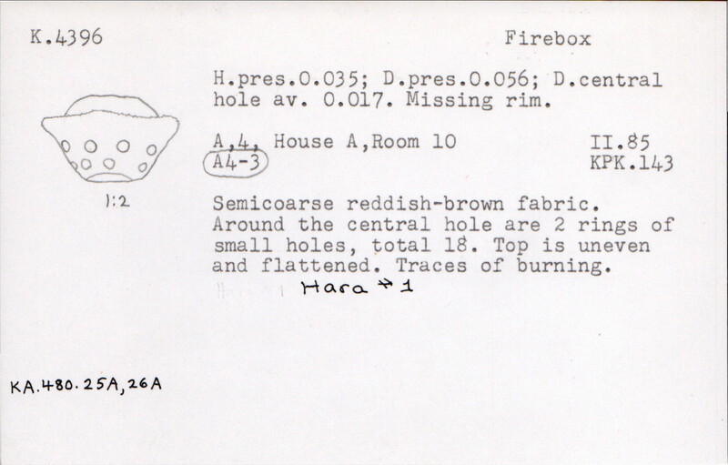 Index card with typed and handwritten information, sometimes including a sketch, of pottery from an excavation.