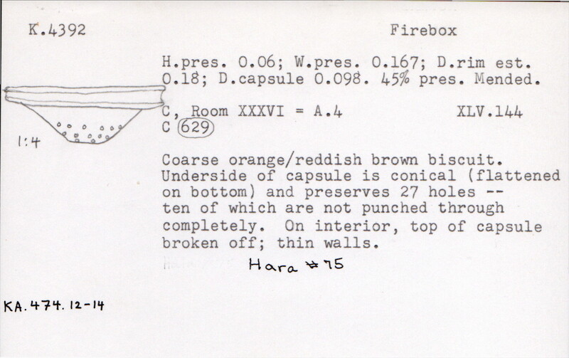 Index card with typed and handwritten information, sometimes including a sketch, of pottery from an excavation.