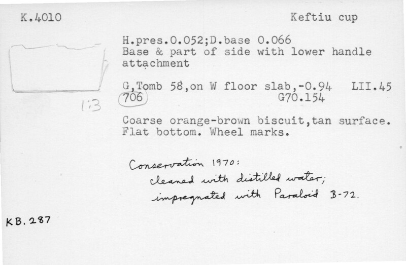 Index card with typed and handwritten information, sometimes including a sketch, of pottery from an excavation.