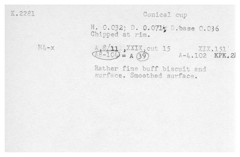 Index card with typed and handwritten information, sometimes including a sketch, of pottery from an excavation.