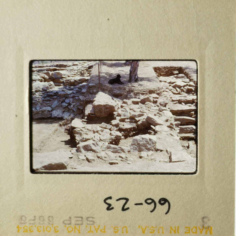 The photo shows an archaeological site with stone ruins, and there is a person standing near the ruins.