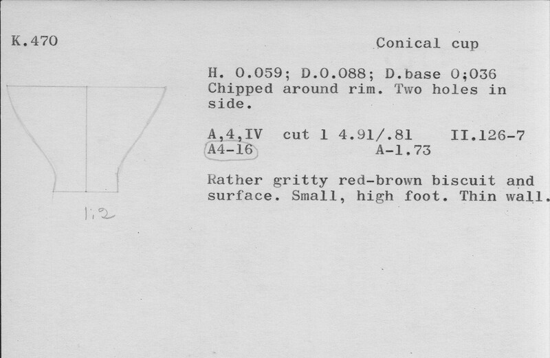 Index card with typed and handwritten information, sometimes including a sketch, of pottery from an excavation.