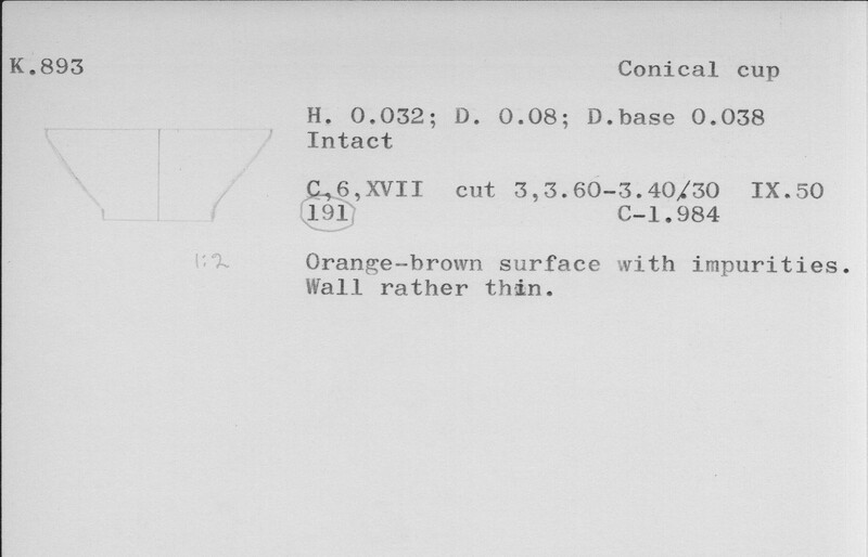 Index card with typed and handwritten information, sometimes including a sketch, of pottery from an excavation.