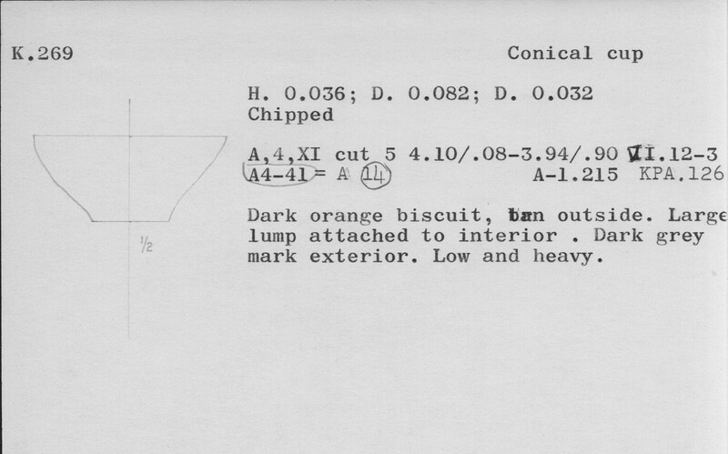 Index card with typed and handwritten information, sometimes including a sketch, of pottery from an excavation.