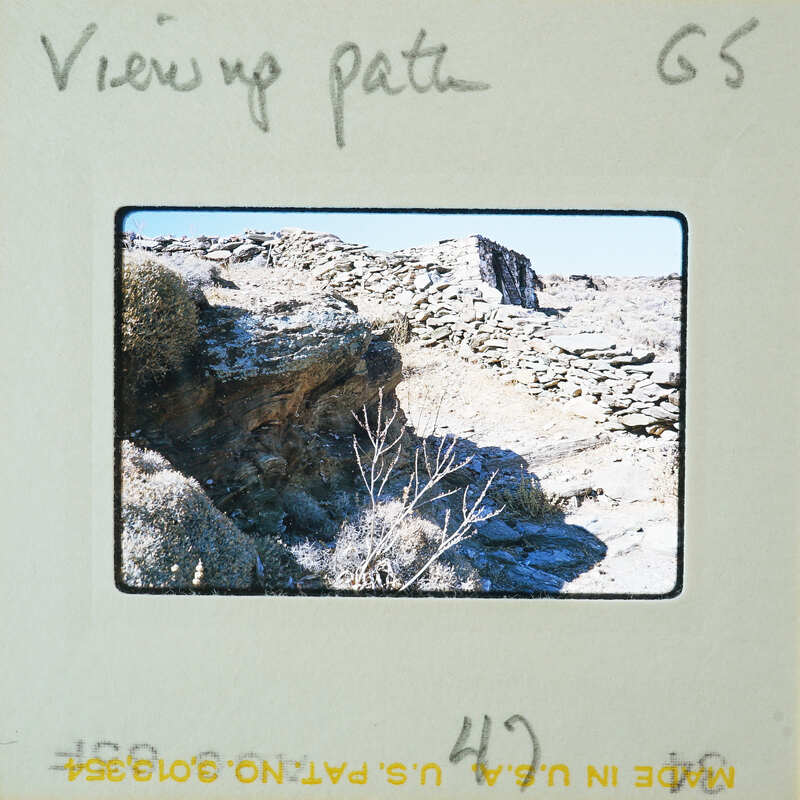 A photograph of a rocky landscape with a view path and a small tree.