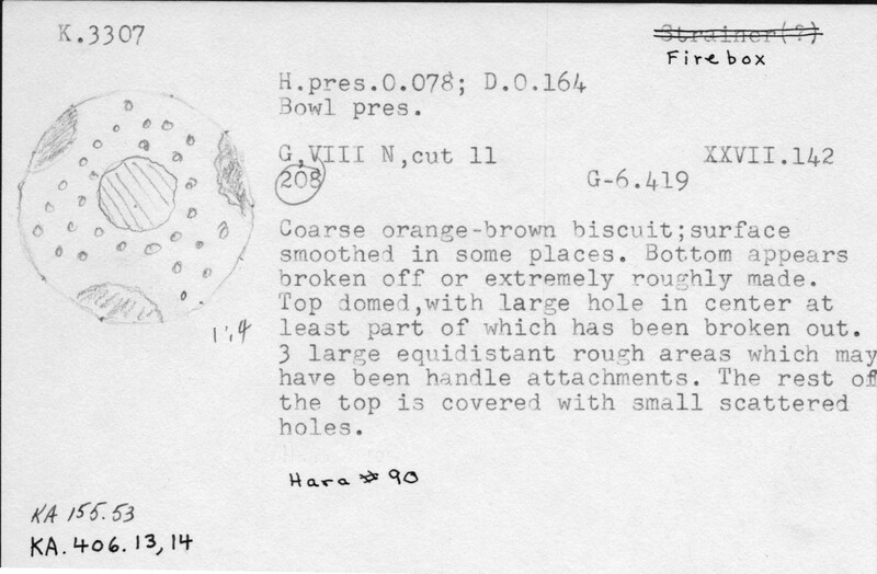 Index card with typed and handwritten information, sometimes including a sketch, of pottery from an excavation.